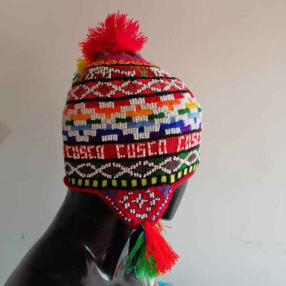Chullo Unisex Knitted Wool Multicolored Beads Peruvian Crafts main image 9